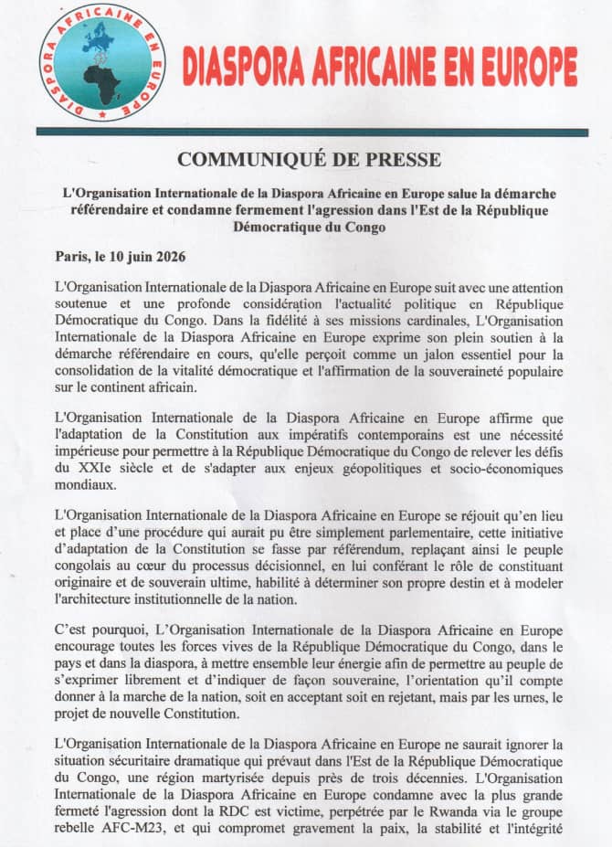 RDC : Référendum et Sécurité, la Diaspora Africaine en Europe appelle à conjuguer réforme constitutionnelle et défense de l’intégrité territoriale
